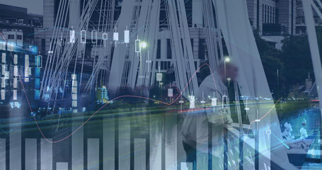 Image of financial data processing over busy city