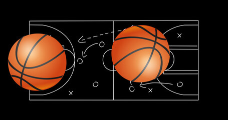Image of basketballs over drawing of game plan on black background