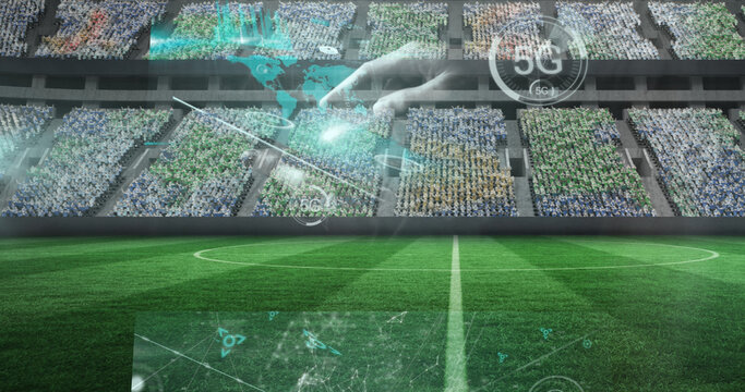 Image of data processing on screens over sports stadium