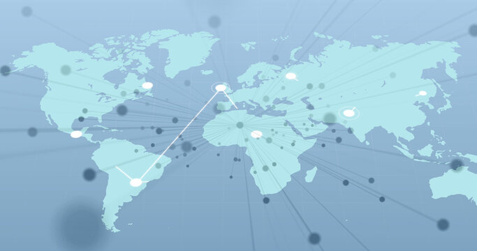 Image of network of connections and world map over blue background