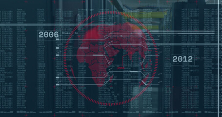 Image of globe and financial data processing over black background