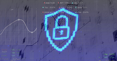 Image of padlock and financial data processing over white background