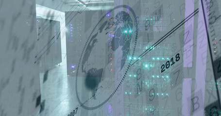 Image of globe and financial data processing over server room