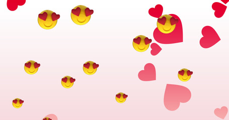 Image of emoji icons and hearts on white background