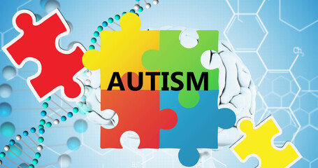 Image of autism awareness month text over puzzle and dna strand