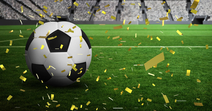 Image of gold confetti falling over football in sports stadium