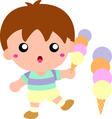 Cute boy holding four scoops of ice cream