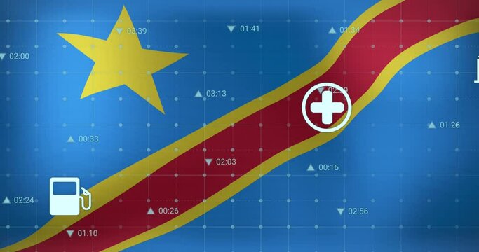 Animation of data processing over flag of democratic republic of the congo