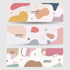 Set of beige earth tone boho floral hand drawn minimal organic colorful design banner background. Line art flower and botanical leaves, organic shapes. Vector background for poster, web and packaging.