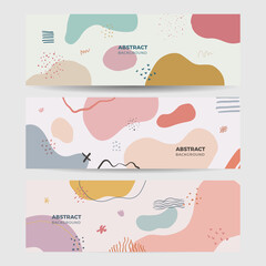 Set of beige earth tone boho floral hand drawn minimal organic colorful design banner background. Line art flower and botanical leaves, organic shapes. Vector background for poster, web and packaging.