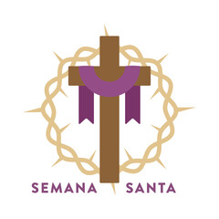 Christian cross with purple fabric and Crown of thorns. Holy Week in Spanish. Semana Santa. Vector illustration, flat design