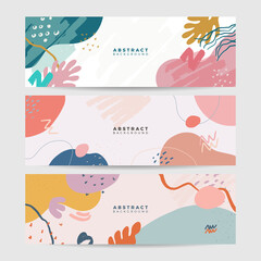 Set of earth tone colorful minimal organic floral leaves hand drawn abstract banner background in boho style.