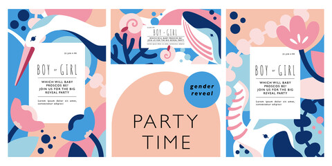 Set of templates for gender party invitation. Vertical and horizontal designs with crane, elephant, whale on background of flowers. Vector illustration