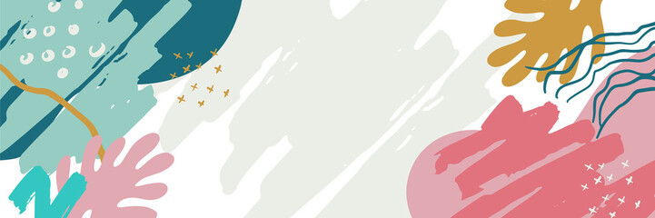 Abstract art background vector. Minimal style wallpaper with line art flower and botanical leaves, Organic shapes, Watercolor. Vector background for banner, poster, Web and packaging.