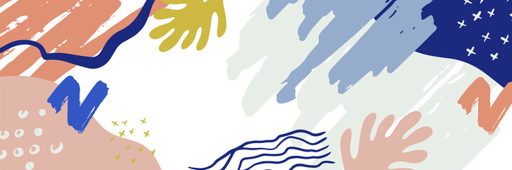 Beautiful pastel social media banner template with minimal abstract organic shapes composition in trendy contemporary collage style