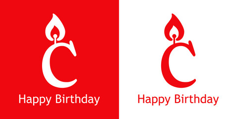 Logo con texto Happy Birthday con letra C con forma de vela en fondo rojo y fondo blanco - obrazy, fototapety, plakaty