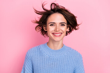 Portrait of adorable satisfied girl toothy beaming smile look camera isolated on pink color background