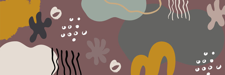 Beige earth tone boho floral hand drawn minimal organic colorful design banner background. Line art flower and botanical leaves, organic shapes. Vector background for poster, web and packaging.