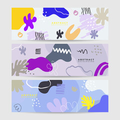 Beautiful pastel social media banner template with minimal abstract organic shapes composition in trendy contemporary collage style. Modern colorful vector hand drawn organic shapes and textures