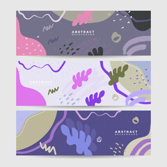 Beautiful pastel social media banner template with minimal abstract organic shapes composition in trendy contemporary collage style. Modern colorful vector hand drawn organic shapes and textures