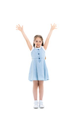 full length view of girl in blue strap dress standing with raised hands on white.