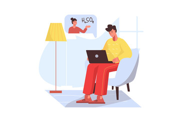 Distance learning concept in flat design. Man student watching webinar at laptop. Woman teacher explaining chemistry at video lesson. Online education. Vector illustration with people scene for web