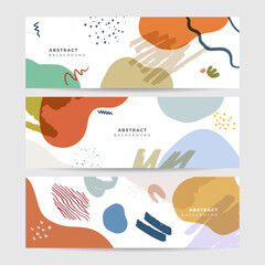 Set of beige earth tone boho floral hand drawn minimal organic colorful design banner background. Line art flower and botanical leaves, organic shapes. Vector background for poster, web and packaging.