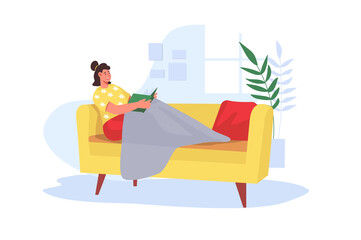 Obraz na płótnie Canvas People reading book concept in flat design. Happy woman reading novel while sitting on cozy sofa at home. Young girl reader enjoys literature at leisure. Vector illustration with people scene for web
