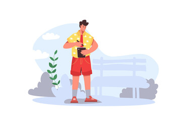 People sit in gadgets concept in flat design. Happy guy holding graphics tablet and pen and drawing or writing notes. Man using smartphone at city park. Vector illustration with people scene for web
