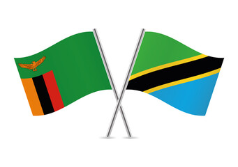 Zambia and Tanzania crossed flags. Zambian and Tanzanian flags on white background. Vector icon set. Vector illustration.