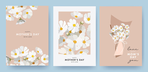 Fototapeta Mother's day design Set in modern art style. Greeting cards with drawn spring flowers in pastel colors and trendy typography. Mothers day modern design templates for banner, fashion ads, poster, cover obraz