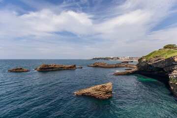 Southwestern coastline of France, shores of Biscay Bay are characterized by bizarre rock formations washed. Biarritz, French Basque Country