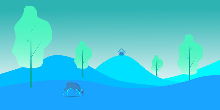 only blue colour forest with 4 trees 1 small hut and a cute dear eating grass on earth..