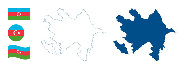 Azerbaijan map. Detailed blue outline and silhouette. Country flag. Set of vector maps. All isolated on white background. Template for design and infographics.