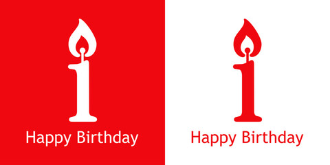 Logo con texto Happy Birthday con número 1 con forma de vela en fondo rojo y fondo blanco