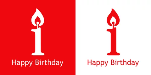 Fotobehang Logo con texto Happy Birthday con número 1 con forma de vela en fondo rojo y fondo blanco © teracreonte