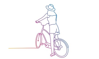 Young girl in a hat on a bike. Rainbow gradient.