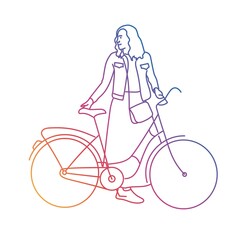Happy woman holding bike and looking away. Rainbow gradient.