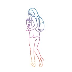 Woman walking away and gesturing goodbye with arm. Rainbow gradient.