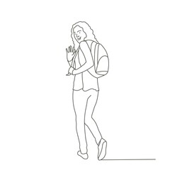 Young woman waving with hand, saying bye and leaving.