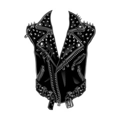 Spiked leather jacket template. Vector illustration in engraving technique of biker jacket with spikes and pins. Isolated on white.