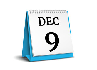 Calendar on white background. 9 December. 3D illustration.