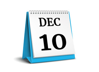 Calendar on white background. 10 December. 3D illustration.