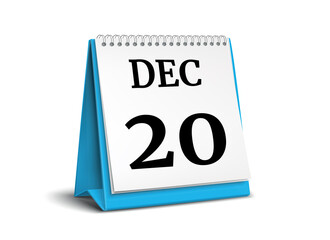 Calendar on white background. 20 December. 3D illustration.
