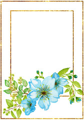 The frame is gold with a cute watercolor bouquet of spring flowers. Suitable for greeting cards,invitations,design works,crafts and hobbies.