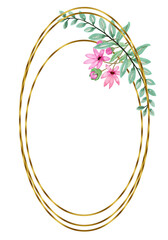 The frame is gold with a cute watercolor bouquet of spring flowers. Suitable for greeting cards,invitations,design works,crafts and hobbies.