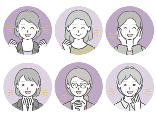 喜ぶ高齢女性の丸アイコンセット