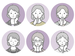 困る高齢女性の丸アイコンセット