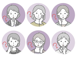 疑問に思う高齢女性の丸アイコンセット