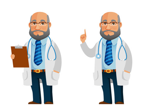 funny cartoon illustration of a friendly senior doctor, holding a clipboard. Isolated on white.